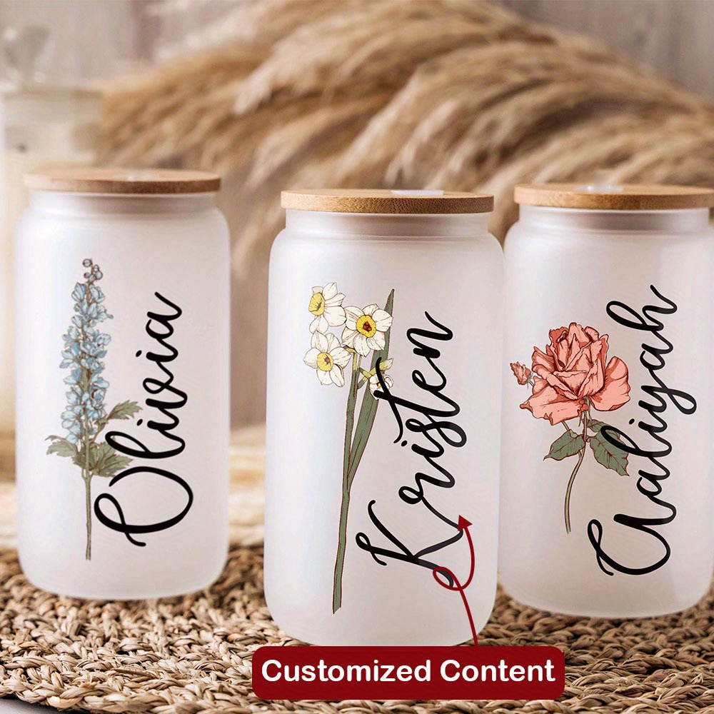 Terrarium Glass Bottle - Personalisierter Geburtsblumen-Namens-Glasbecher mit Bambusdeckel & Strohhalm,