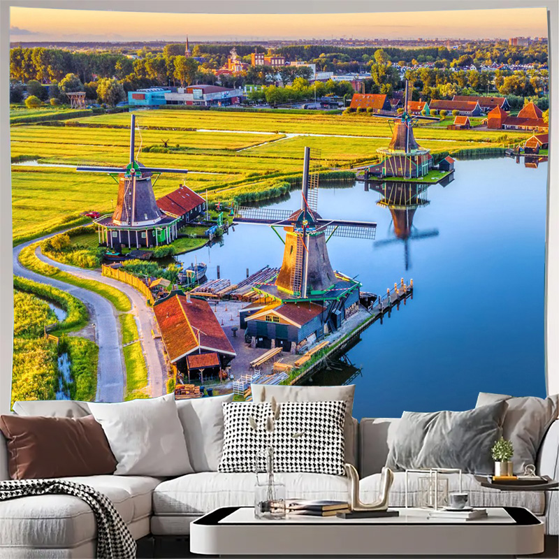 Home Decor Netherlands - Große Bohemian Dutch Windmills Wandteppich Wanddekoration