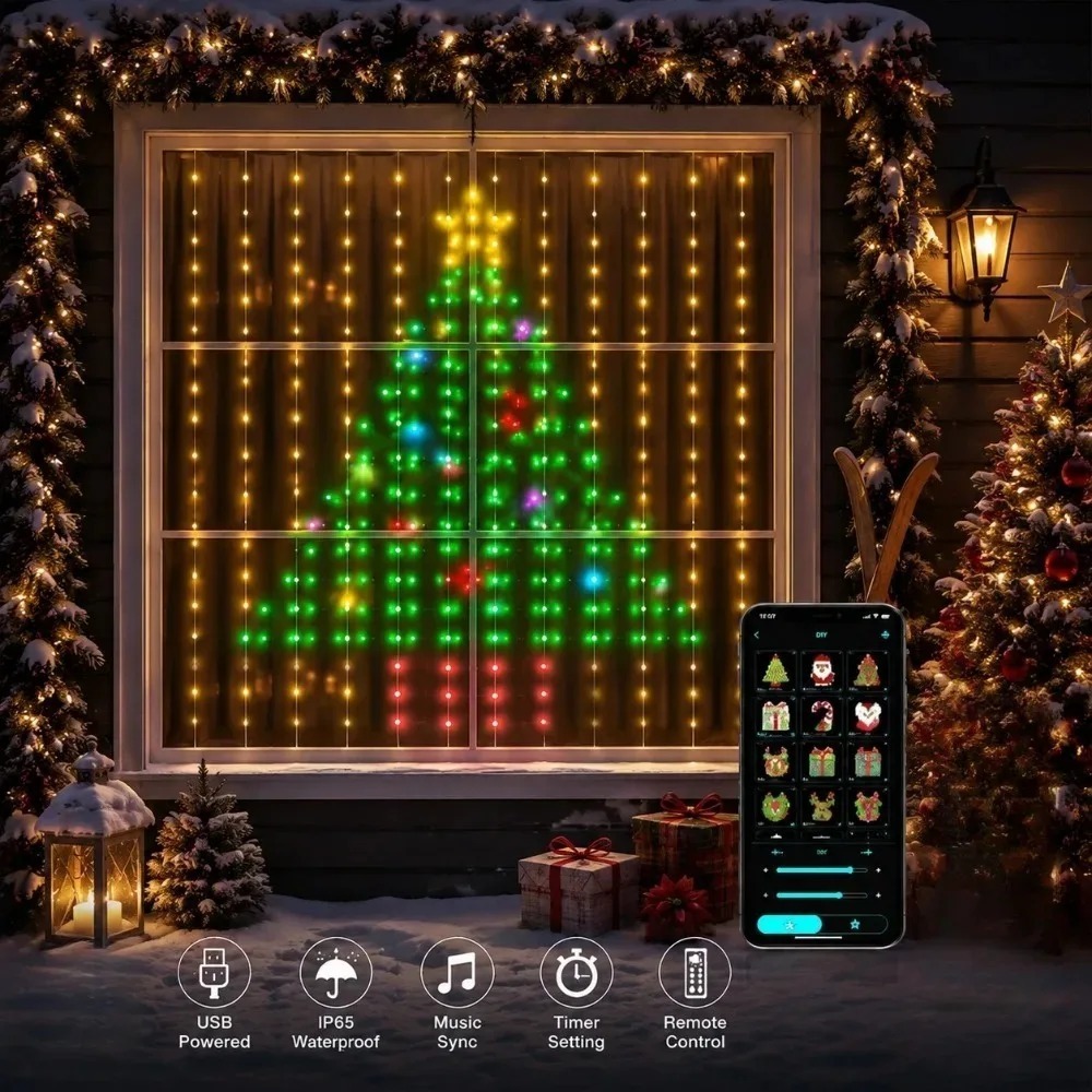 Home Decor Free App - LED-Pixel-Lichtvorhang mit Bluetooth-App-Steuerung, RGB-Smart-Lichterkette, DIY-Fensterdekoration für