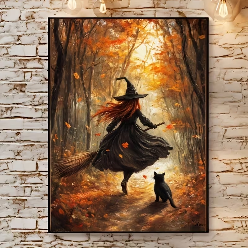 Home Decor Quirky - Retro Halloween Herbsthexe auf Besenrad Wandkunstdruck