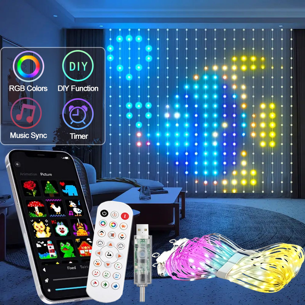 Home Decor Free App - Intelligente LED-Vorhangbeleuchtung mit APP-Steuerung, RGB-dimmbar, DIY-Muster,