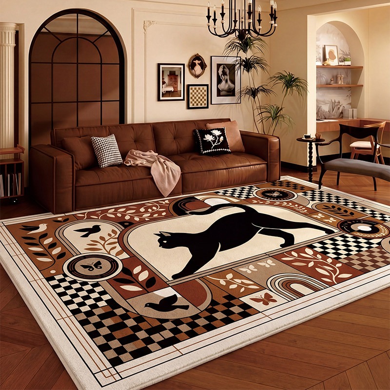 Home Decor Ig - Schachbrettmuster Schwarze Katze Wohnzimmerteppich Tiermotiv Großflächiger
